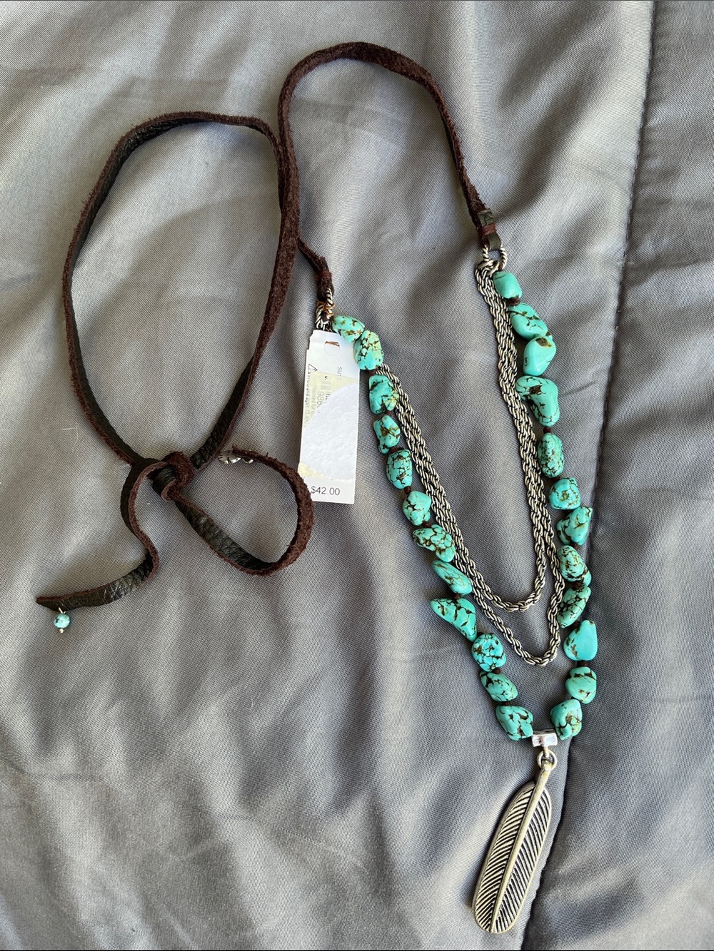 Lucky Brand Turquoise Stone Layered Necklace with Silver Feather